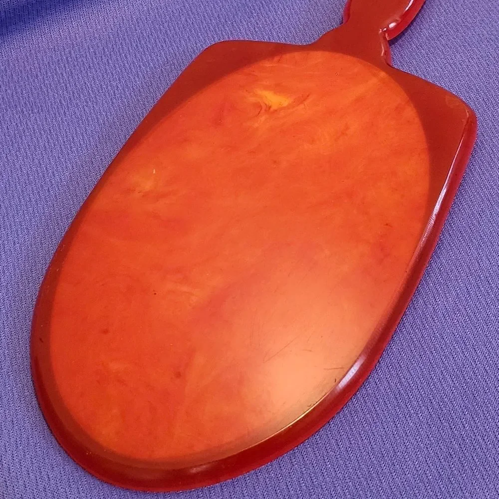 Vintage VG 1930s/1940s Orange Marblized Celluloid/Bakelite Hand Mirror 12” Long